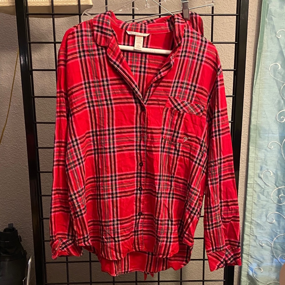 Victoria's Secret Red and Black Plaid PJ Shirt and bottoms